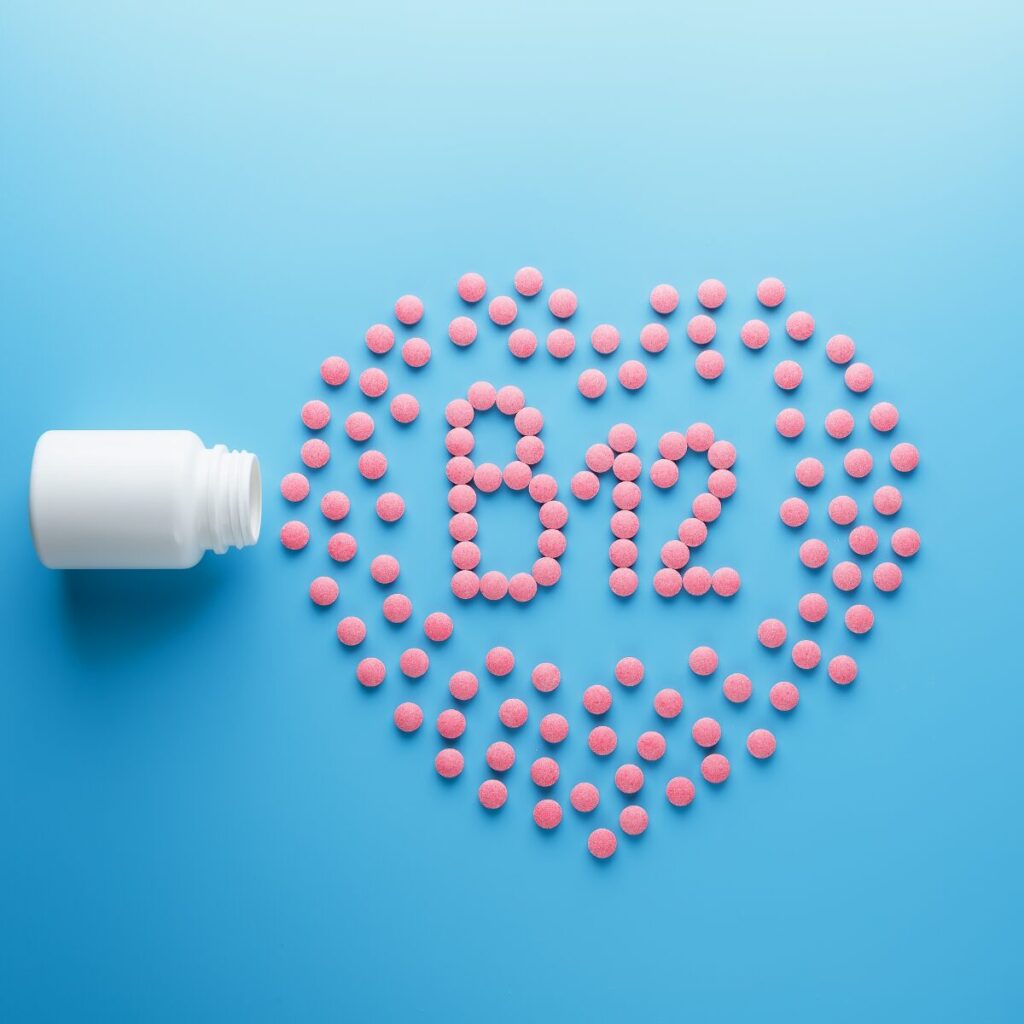 Pink tablets forming the word B12 inside a heart.