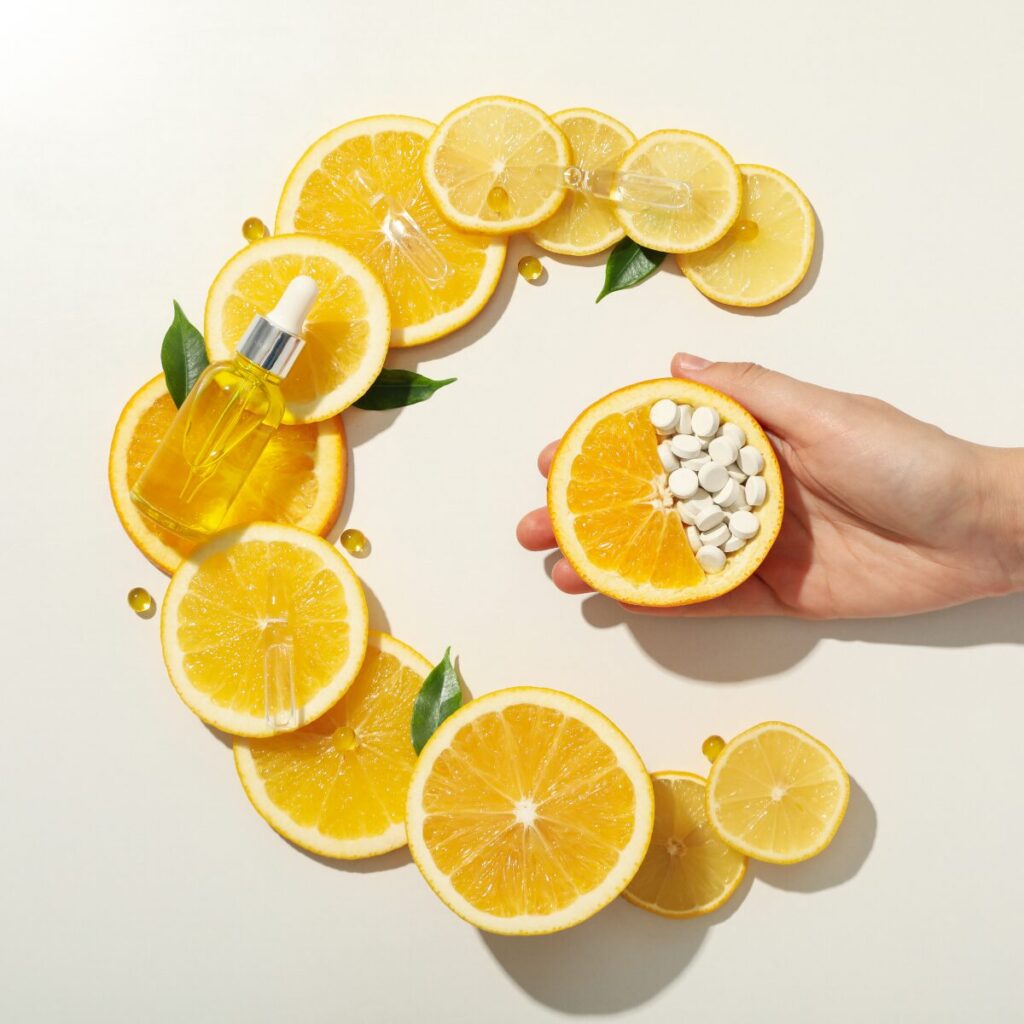 sliced citrus fruits shaped like the letter C, alongside tablets, serum bottle, and vials.