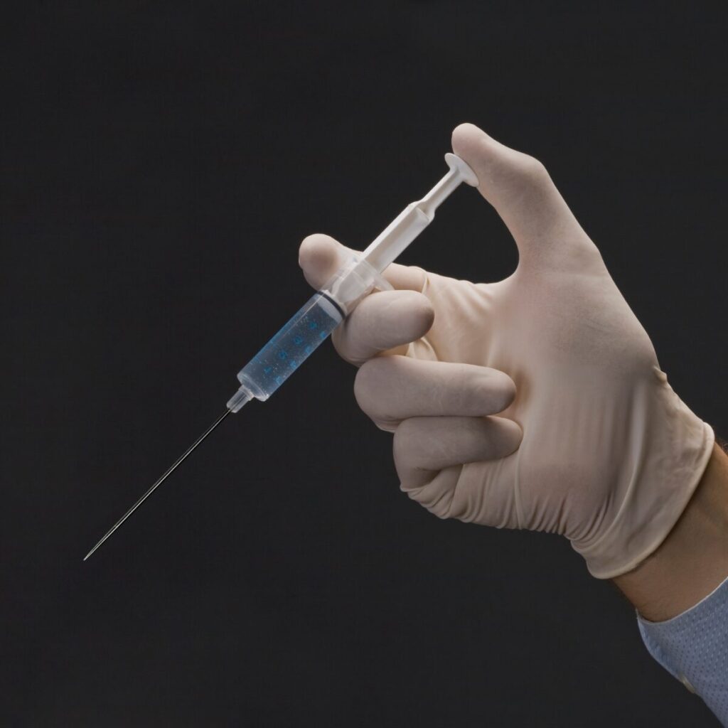 Hand with glove holding injection.