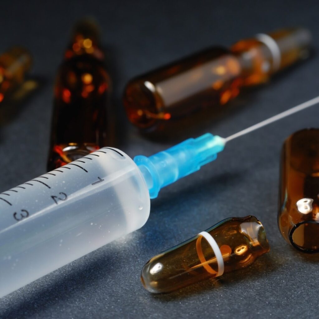 Close up of injection and ampoules.